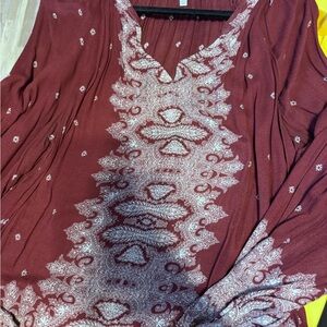 Lucky Brand Maroon and White Patterned Top 1X